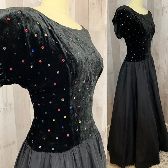 1940s Vintage Sequined Black Velvet Evening Ball … - image 6