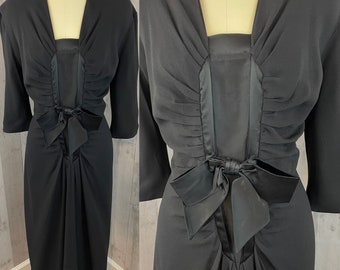1940s Vintage Cocktail Dress Ruched Crepe Evening Pinup Gown Medium