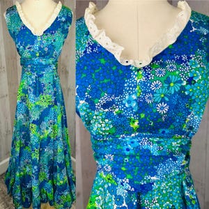 1970s Vintage Party Dress Hawaiian Bright Blu/Grn Barkcloth Cotton Floral Maxi Gown S/M