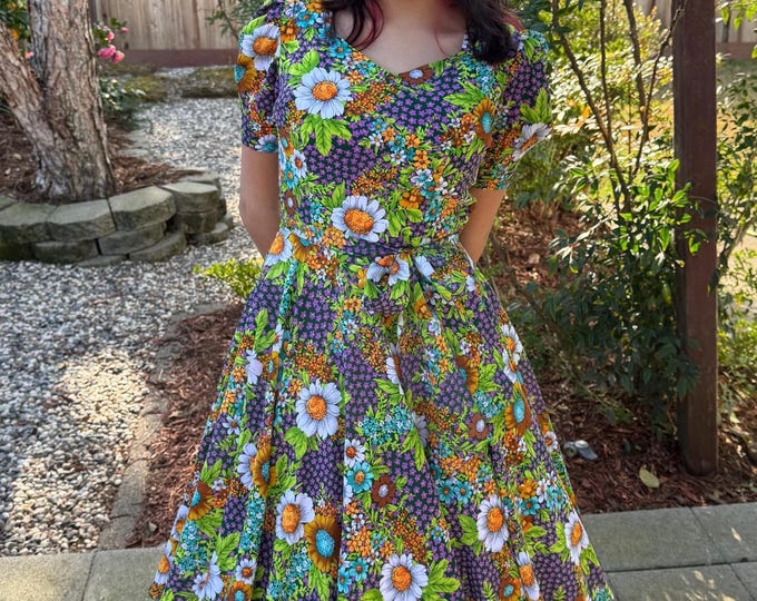 1970s Vintage Dress Colorful Floral Chiffon A-line Garden Frock 1960s S/XS