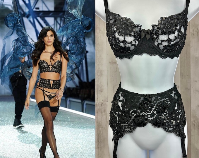 Vintage NOS Victorias Secret 2PC Lingerie Set 1990s Black 38C Bra/Garter M/L Sexy Black Lace