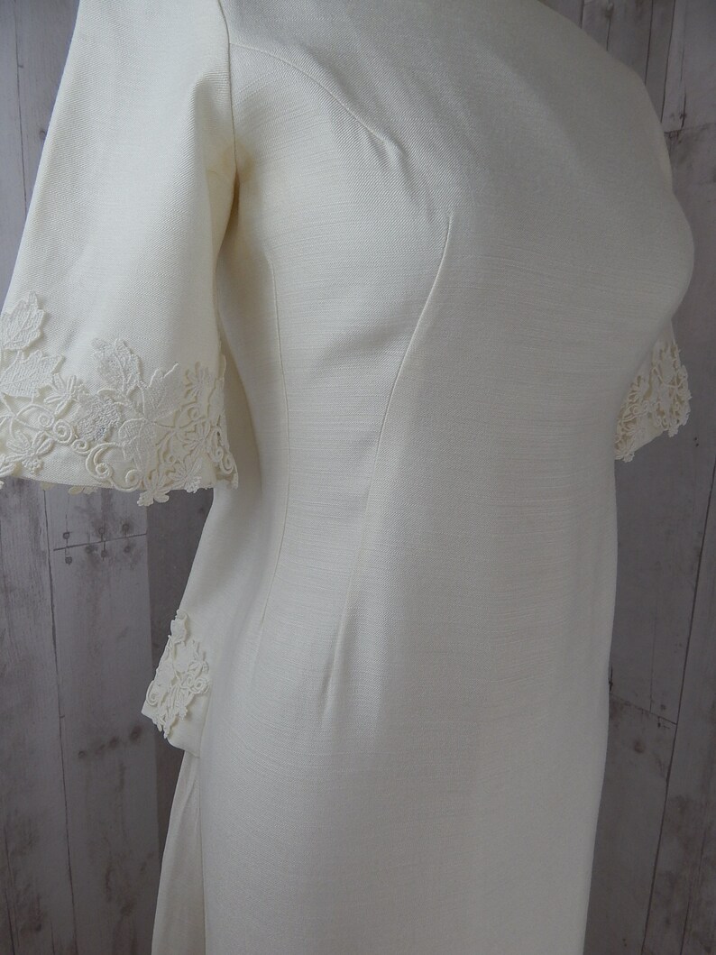 1960s Vintage Wedding Gown by Designer EMMA DOMB White Linen Applique Lace Trim Small