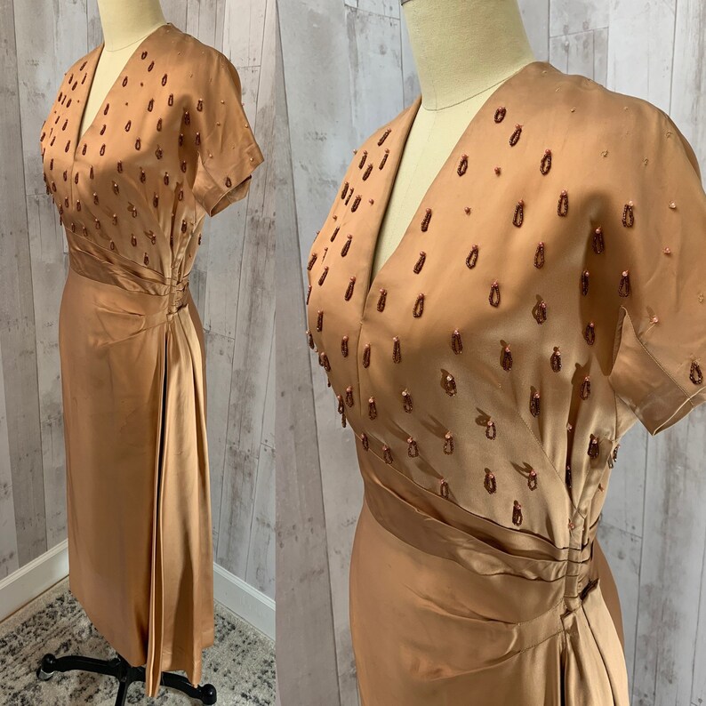 1940s Vintage Copper Liquid Satin Party Dress S/M WOUNDED image 6