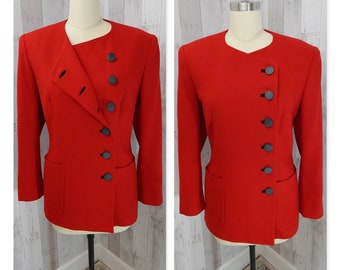 LILLI ANN 1970s Vintage Wool Jacket~ Cherry Red Coat 1980s Dbl Breasted L/XL