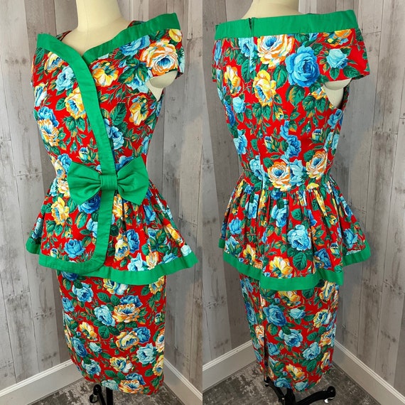 Vintage 1980s Peplum Dress~Stunning Bright Rose C… - image 2