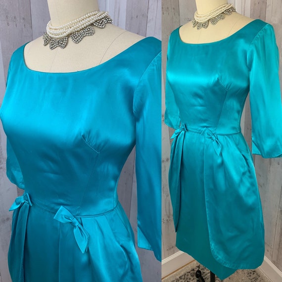 EMMA DOMB 1950s Vintage Blue Satin Tulip Dress Go… - image 2