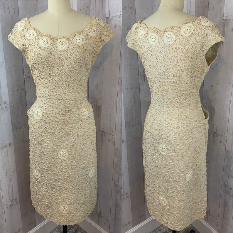 Vintage 1940s Ivory Linen Soutache Cocktail Party Dress Pinup Wiggle Med