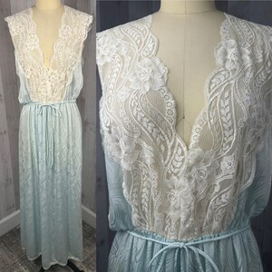 Vintage DIOR 1980s Miss Dior LINGERIE~Nightgown Silky Ice Blue Brocade w/Lace Trim Sz Large