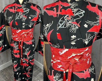 Antique Japanese Silk Kimono Robe- Red / Blue Crane Floral Print Unisex Large