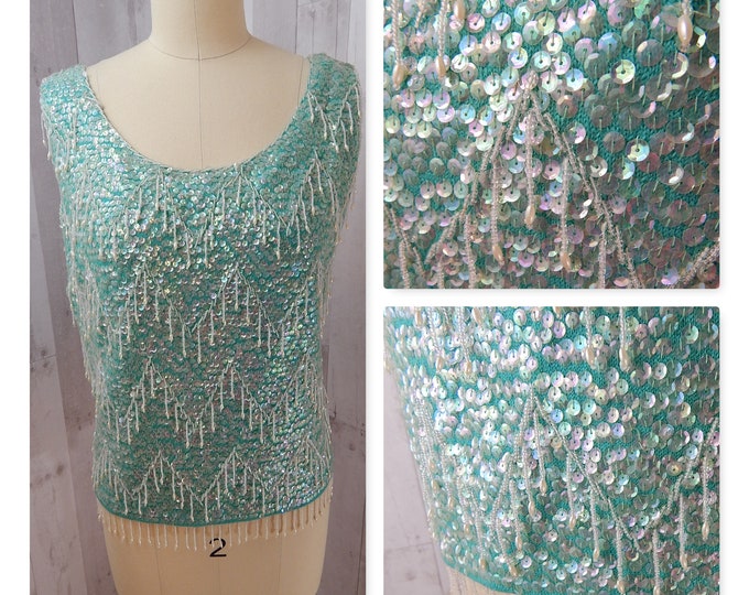1950-60s Teal Green Iridescent Bead & Sequin Shell Tank Top - Beaded Fringe Sparkle Hollywood S/M
