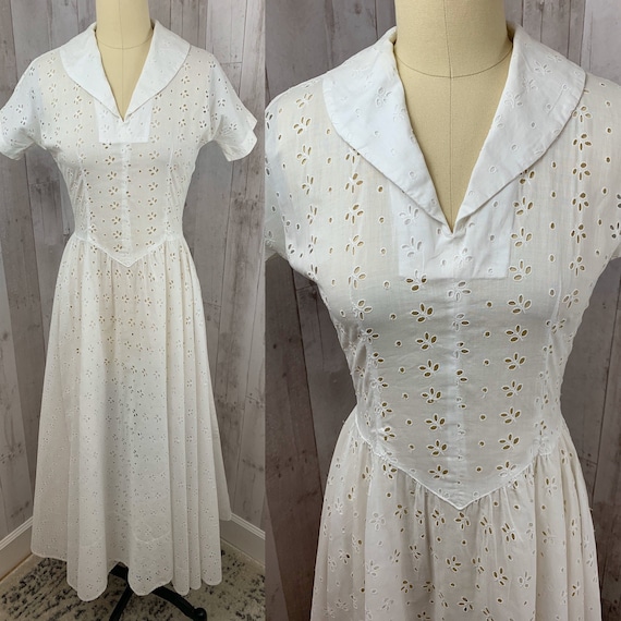 1940s Vintage Sheer Eyelet Dress/Gown White Cotto… - image 1