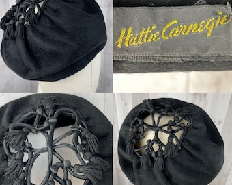 Antique Hat~HATTIE CARNEGIE Black Felt Pillbox Beret Tassel Embellishments