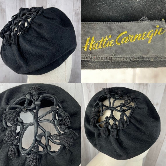 Antique Hat~HATTIE CARNEGIE Black Felt Pillbox Be… - image 1
