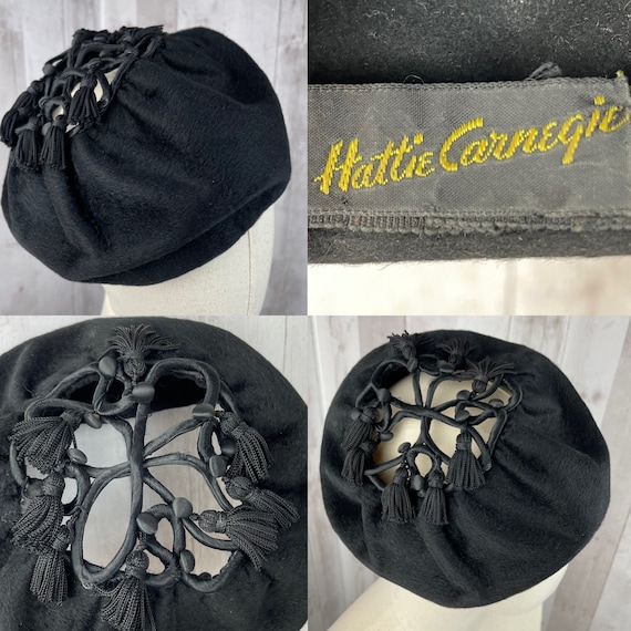 Antique Hat~HATTIE CARNEGIE Black Felt Pillbox Be… - image 1