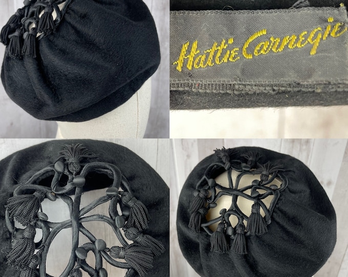 Antique Hat~HATTIE CARNEGIE Black Felt Pillbox Beret Tassel Embellishments