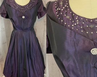 1950s Vintage Royal Purple Dress Taffeta Aline Party Gown Rhinestones/Pearl Embellishments Plus Rare Large/XLarge Size