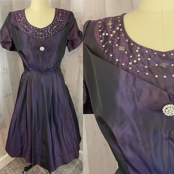 1950s Vintage Royal Purple Dress Taffeta Aline Pa… - image 1