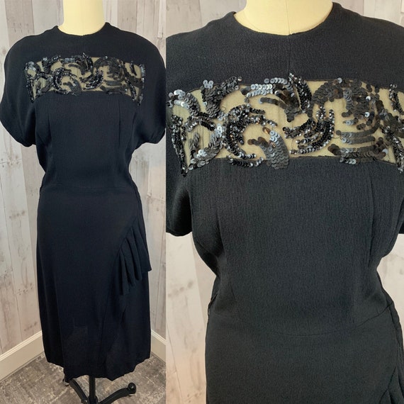 1940s Vintage Dress~Black Crepe Sequined Cocktail