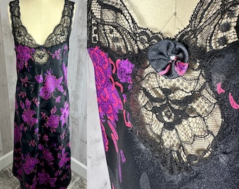 DIOR Vintage 1980s Christian Dior Nightgown Negligee Black Satin w/Purple & Hot Pink Floral Details Lace Neckline Medium