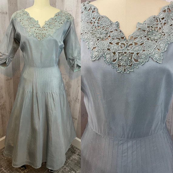 1950s Vintage Party Dress-Aline Aqua Taffeta Gown-