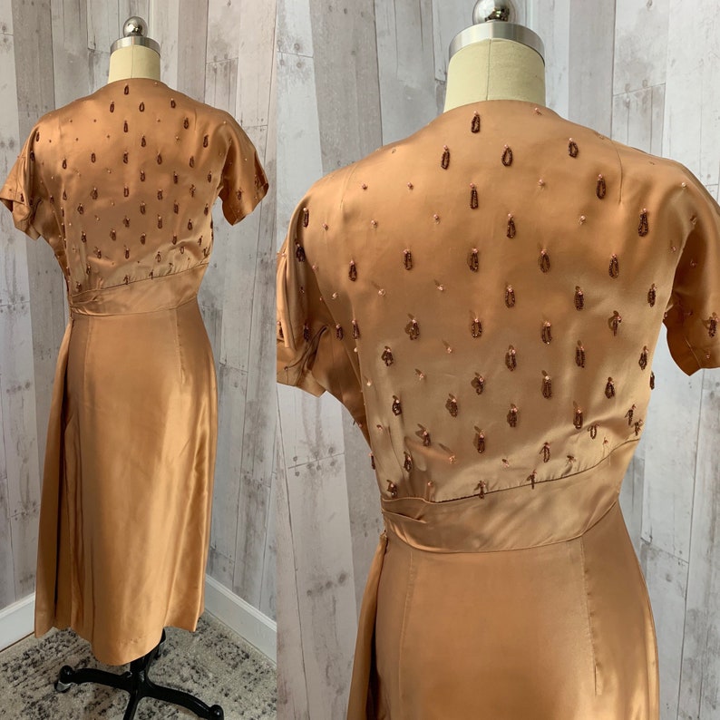 1940s Vintage Copper Liquid Satin Party Dress S/M WOUNDED image 4