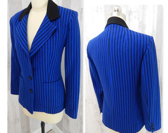 LILLI ANN 1970s Vintage Wool Jacket~Black & Blue Striped Coat/Blazer 1980s S/M