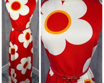 1970年代ヴィンテージパーティードレス、明るいオーバーサイズの花柄マキシホステスガウン、S/M
