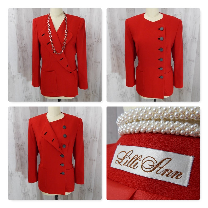 LILLI ANN 1970s Vintage Wool Jacket~ Cherry Red Coat 1980s Dbl Breasted LXL