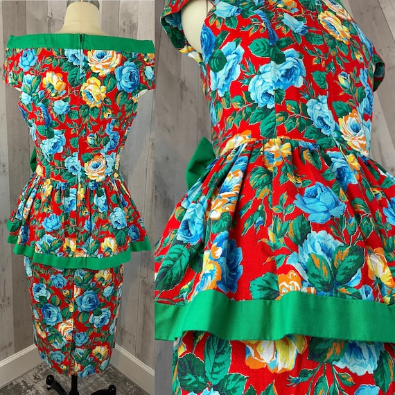 Vintage 1980s Peplum Dress~Stunning Bright Rose C… - image 8