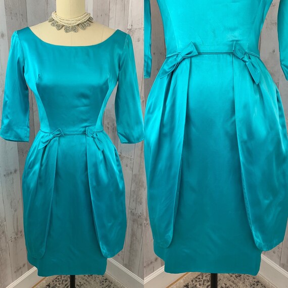 EMMA DOMB 1950s Vintage Blue Satin Tulip Dress Go… - image 5