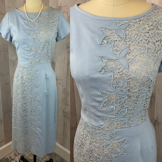 1950s Vintage Party Dress~French Blue Sheer Lace … - image 1