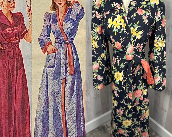1940s Antique Quilted Dressing  Gown / Robe / Peignoir Vintage Navy Blue Floral 1930s S/M