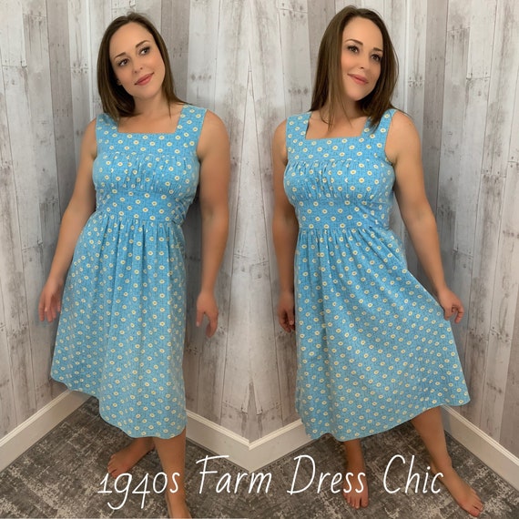 1930s Vintage Frock Blue Cotton Floral Farm Day D… - image 2