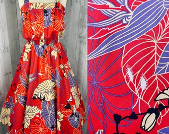 Vintage Dress c1970s Cherry Red Floral Cotton Sundress Garden Summer Frock M/L