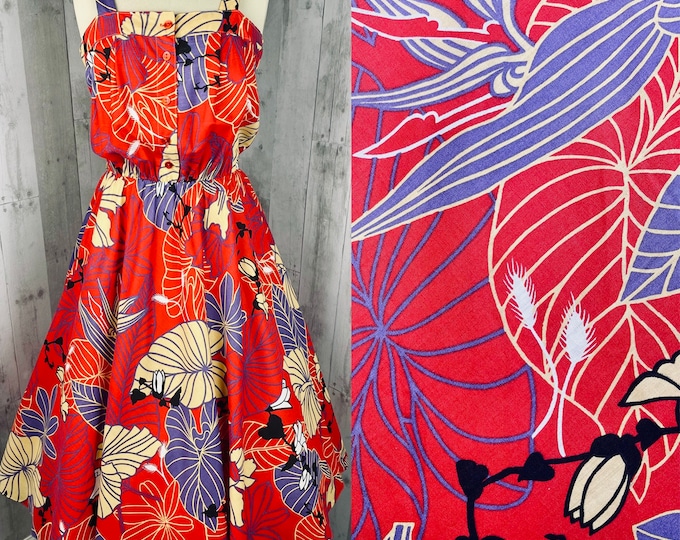 Vintage Dress c1970s Cherry Red Floral Cotton Sundress Garden Summer Frock M/L