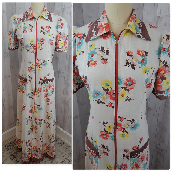 1930s Vintage Flour Sack Robe Floral Dressing Gown