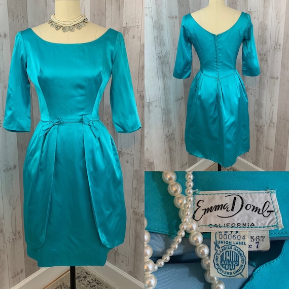 EMMA DOMB 1950s Vintage Blue Satin Tulip Dress Go… - image 1