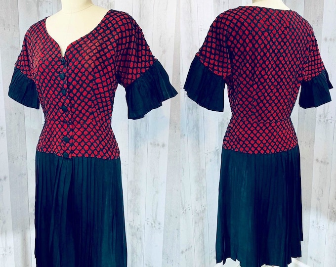1930s Antique Red/Black Soutache Flapper Dress/Gown Criss-Cross Small Art Deco