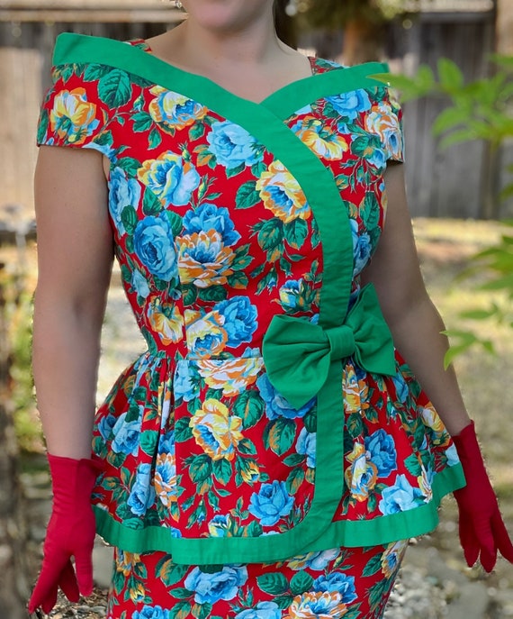 Vintage 1980s Peplum Dress~Stunning Bright Rose C… - image 4