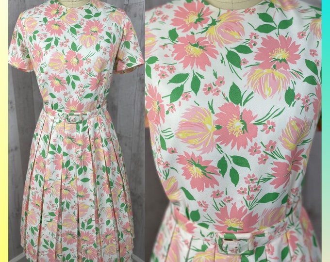 1950s Vintage DRESS~Pale Pink Floral Pleated Aline Frock Rockabilly S/M