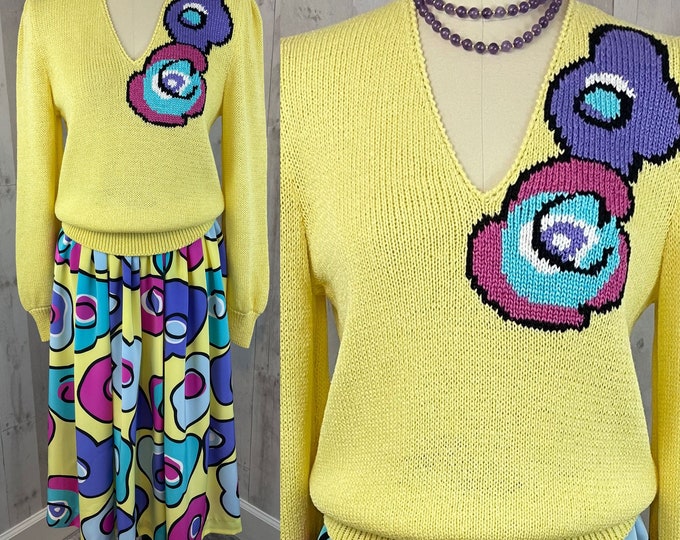 LILLI ANN 1970s 2PC Outfit Knit Sweater Full Skirt MOD Print Small