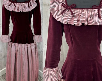 1930s Antique DRESS Burgundy Velvet Drop Waist Ball Gown Peppermint Stripe 1940s S/M