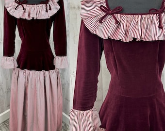 1930s Antique DRESS Burgundy Velvet Drop Waist Ball Gown Peppermint Stripe 1940s S/M