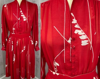 LILLI ANN 1970s Vintage Chiffon Dress Cherry Red/White Chiffon Secretary 1980s M/L