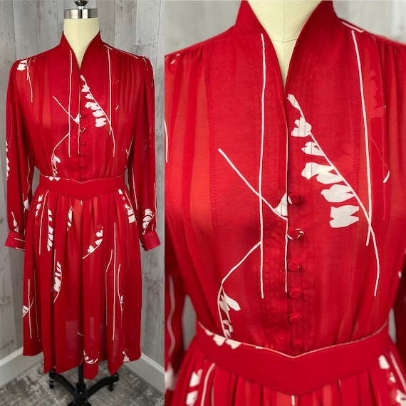 LILLI ANN 1970s Vintage Chiffon Dress Cherry Red/… - image 1