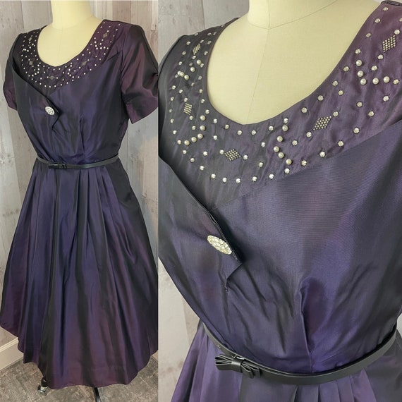 1950s Vintage Royal Purple Dress Taffeta Aline Pa… - image 3