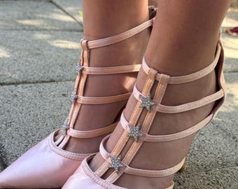 CHRISTIAN DIOR Vintage 1980s Strappy Pale Pink Rhinestone Hel 5.5  Eur 36 Misses
