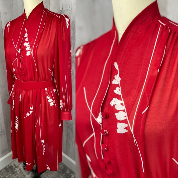 LILLI ANN 1970s Vintage Chiffon Dress Cherry Red/… - image 2