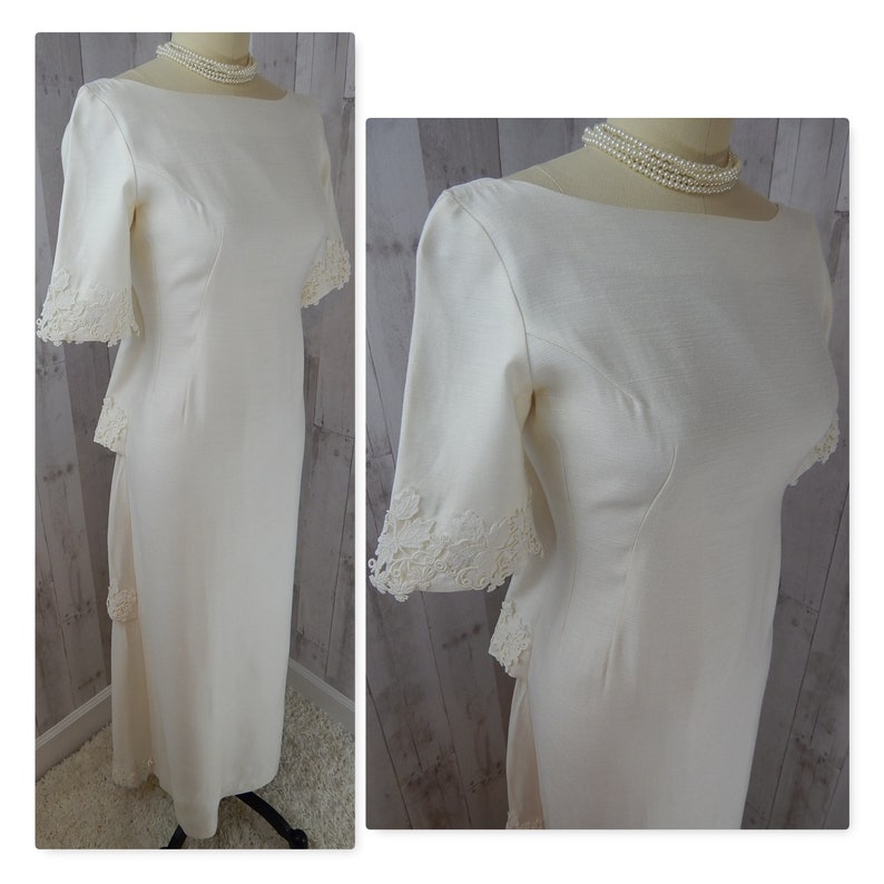 1960s Vintage Wedding Gown by Designer EMMA DOMB White Linen Applique Lace Trim Small