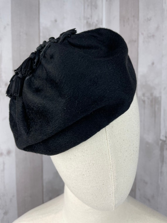Antique Hat~HATTIE CARNEGIE Black Felt Pillbox Be… - image 6